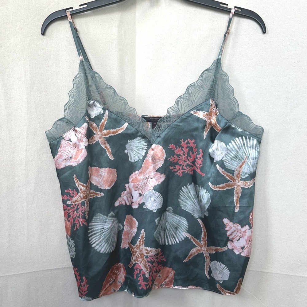 Midnight Bakery Whimsy Beach Resort Teal Sea Shells Starfish Lace Trim Cami M